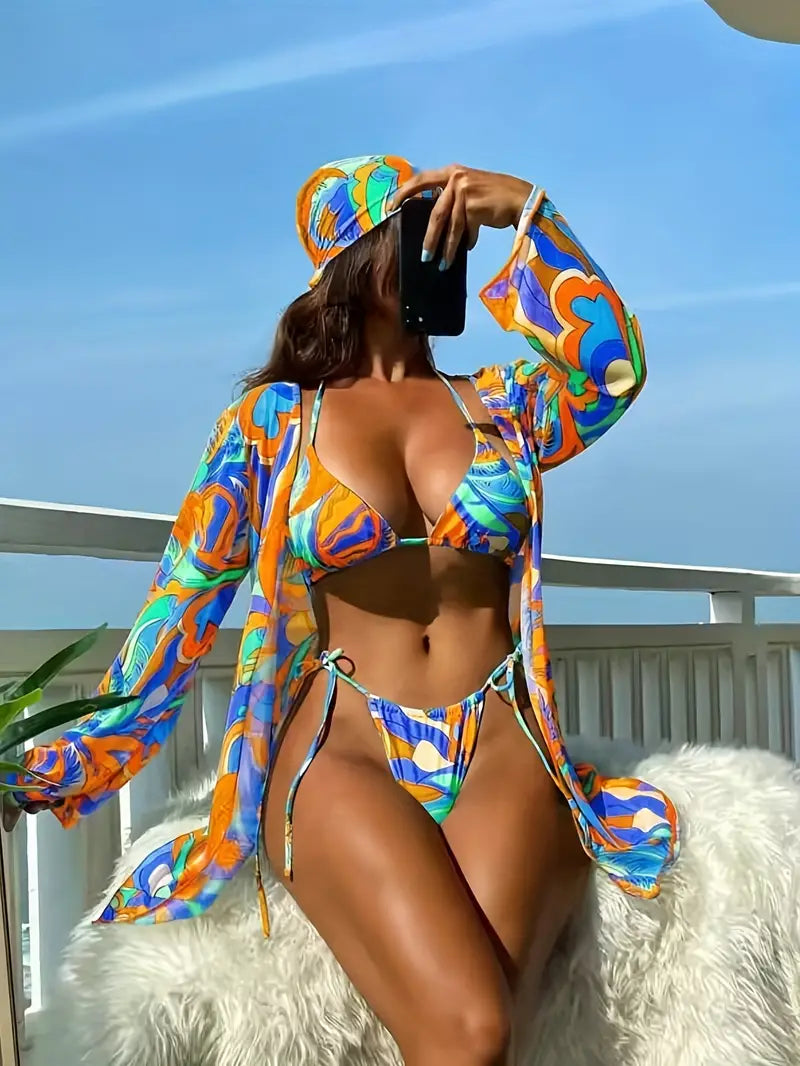 3 Piece Swimsuit With Headscarf, Tropical Print Spaghetti Strap Bikini