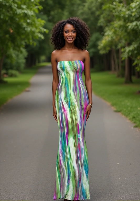 Woman wearing a colorful strapless dress standing on a path with greenery.