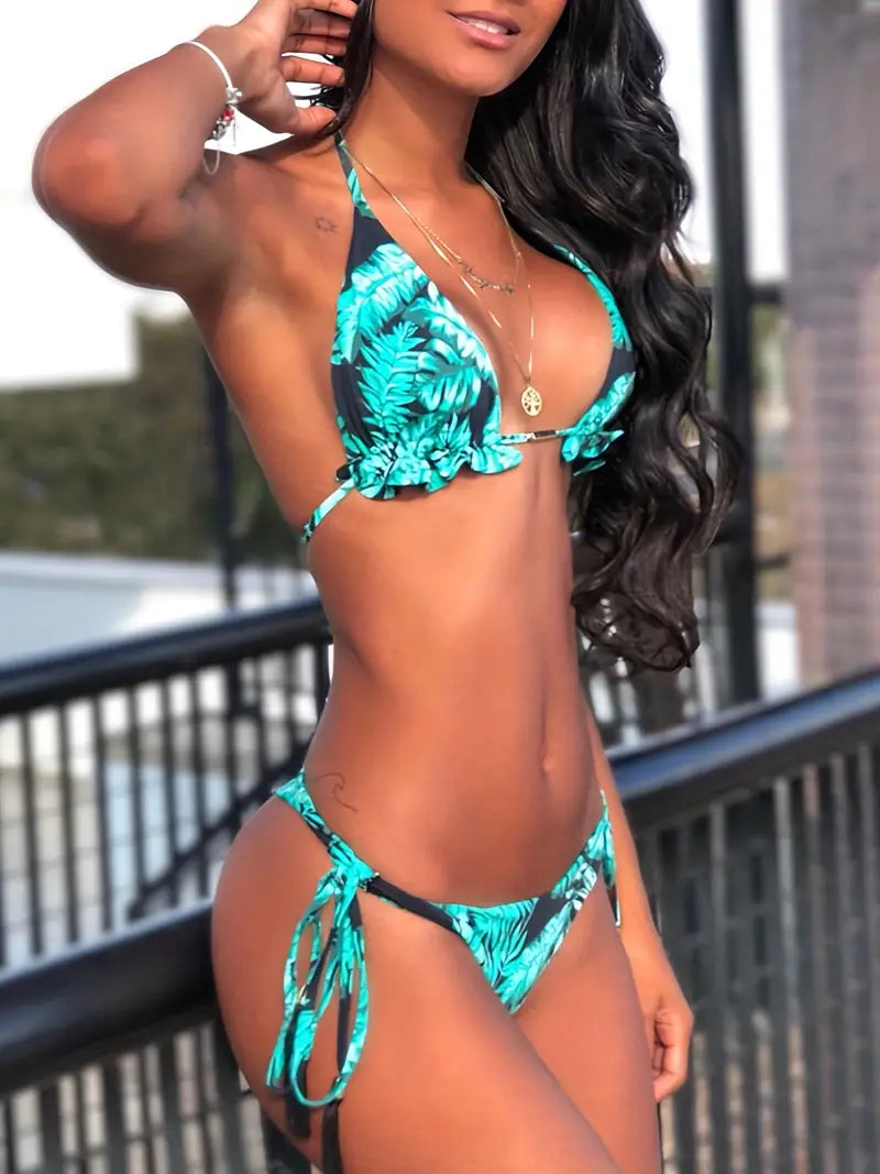 Tassel 2 Piece Set Green Leaf Print Lettuce Trim Bikini