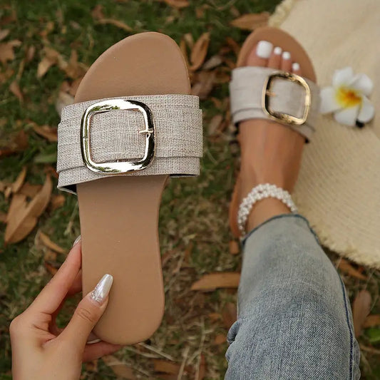 Casual Slip On Flat Metal Buckle Decor Slide Sandals