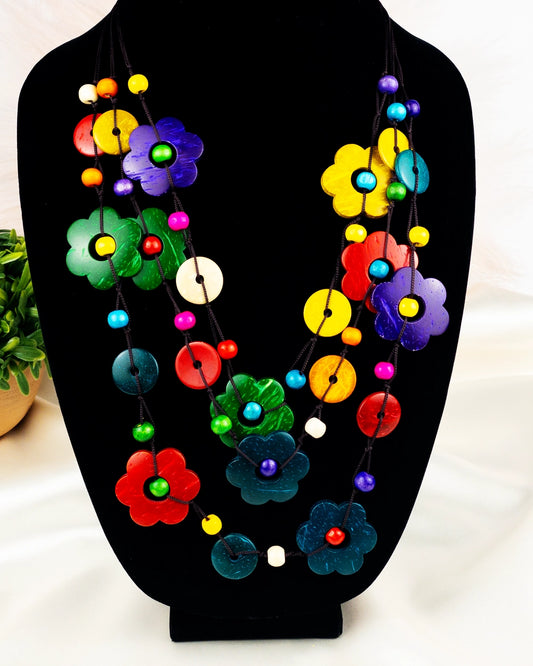 Handmade Boho Wooden Flower Retro Rice Bead Necklace