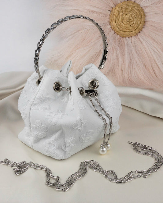 Mini Drawstring Metal Handle Chain Crossbody Bag