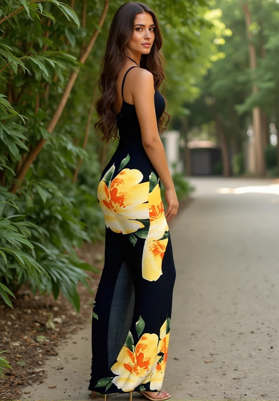 Woman wearing a black jumpsuit with large yellow floral patterns in a park setting.