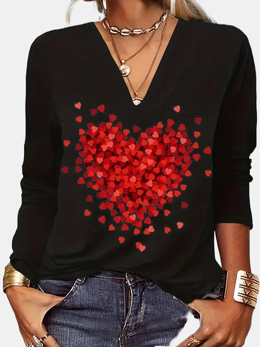 Casual Long Sleeve Heart Print T-Shirt