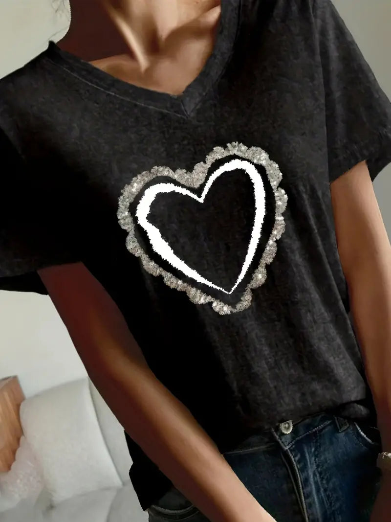 Casual Loose Heart Print V Neck Short Sleeve T-shirt