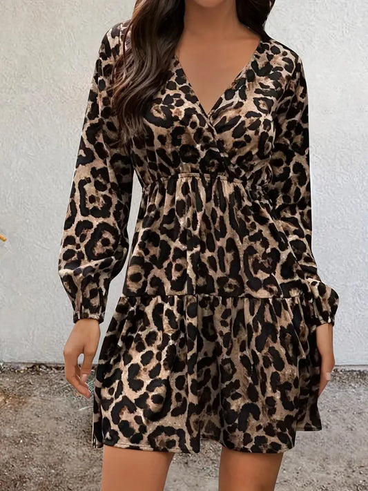 Casual Leopard Print V Neck Long Sleeve Dress For Spring & Fall