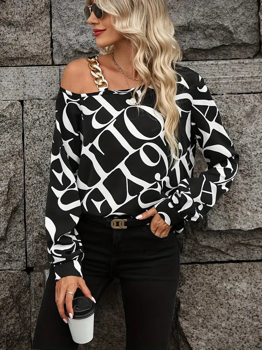 Casual Slanted Shoulder Letter Print Chain Long Sleeve Blouse
