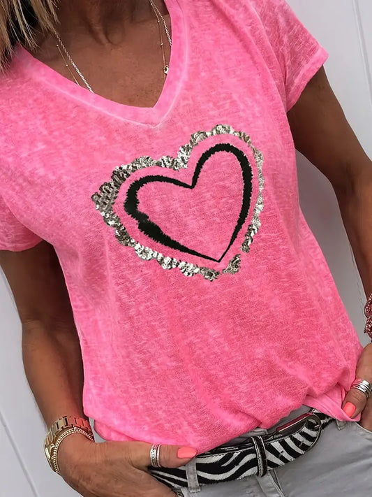 Casual Loose Heart Print V Neck Short Sleeve T-shirt