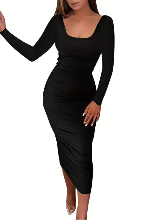 Casual Squared Neck Long Sleeve Dress