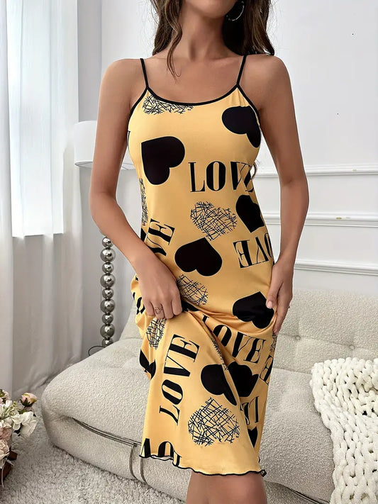 Heart Print Casual Scoop Neck Slip Nightdress