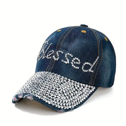 Blessed Lightweight Adjustable Rhinestone Denim Baseball Cap