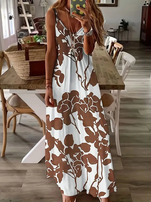 Casual Sleeveless V Neck Floral Print Spaghetti Dress