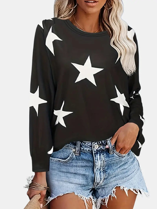 Casual Crew Neck Stars Print Long Sleeve T-shirt