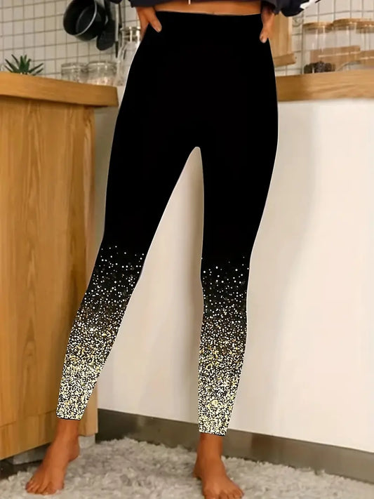 Casual High Waist Long Length Glitter Geometric Print High Stretch Leggings