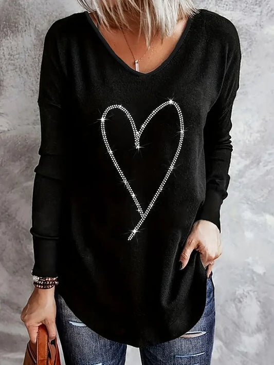 Casual Long Sleeve Rhinestone Heart Pattern T-Shirt
