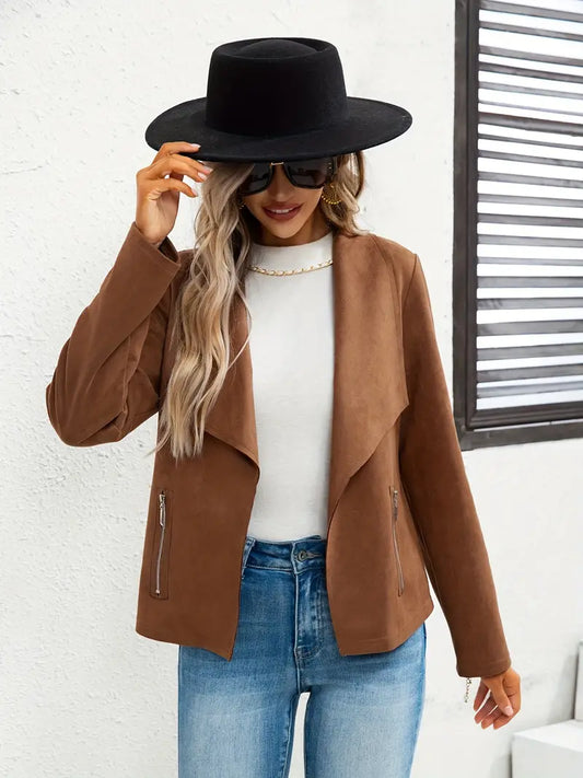 Versatile Long Sleeve Solid Lapel Open Front Jacket