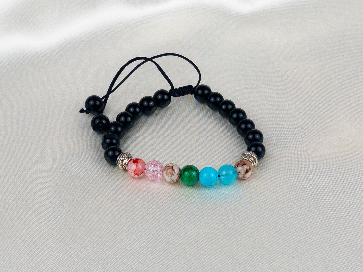 Adjustable Black Beaded Bracelet with Colorful Gemstone Accents