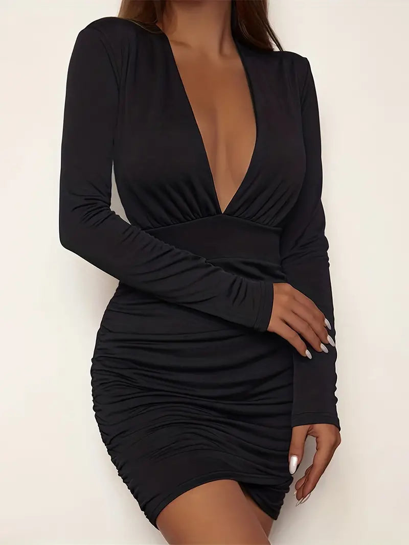 Chic Ruched Plunging V Neck Dress: Sleek and Sexy Statement