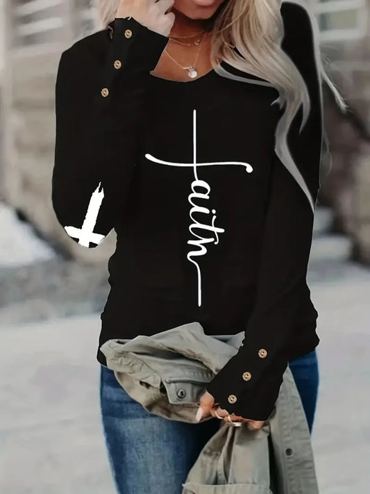 Casual Button Cuff Faith Print Long Sleeve Crew Neck T-Shirt