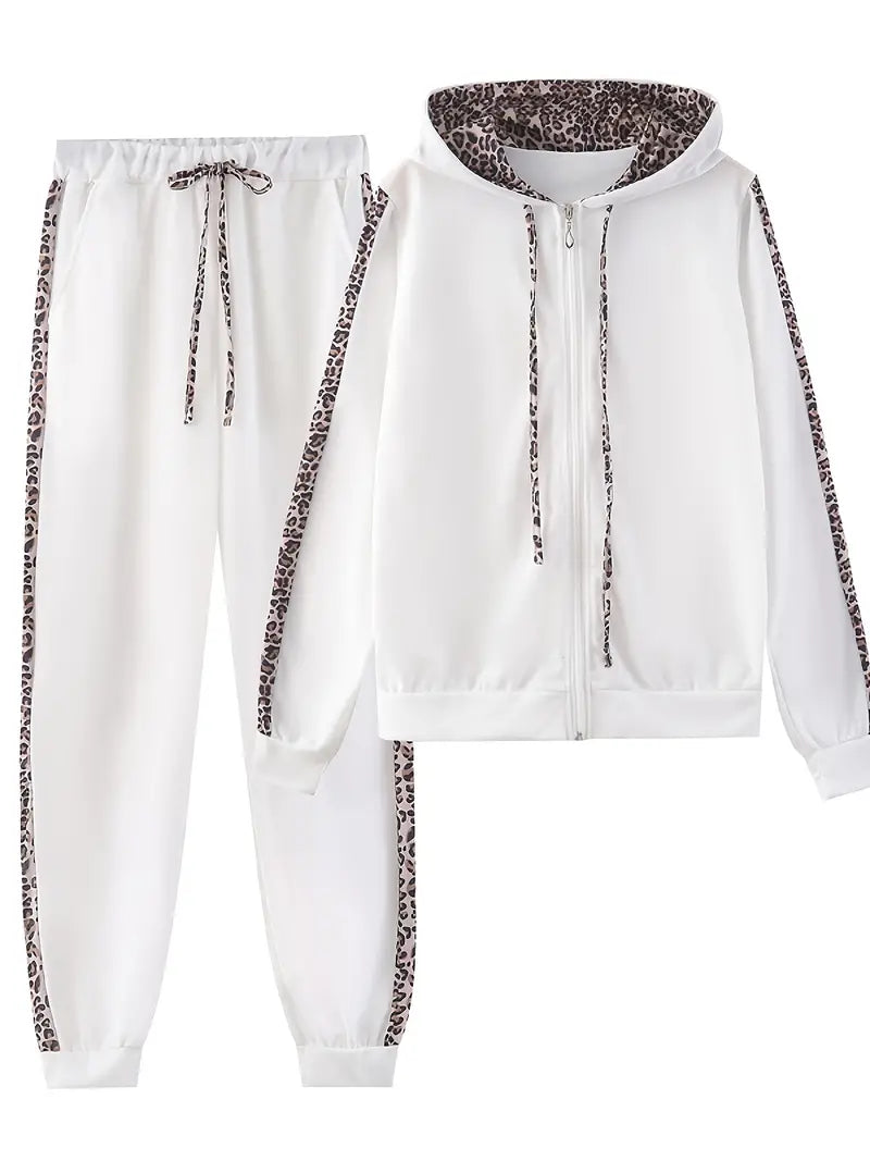 Leopard Print Zip Up Hoodie Sweatshirt & Casual High Waist Elastic Pants, Two-piece Set