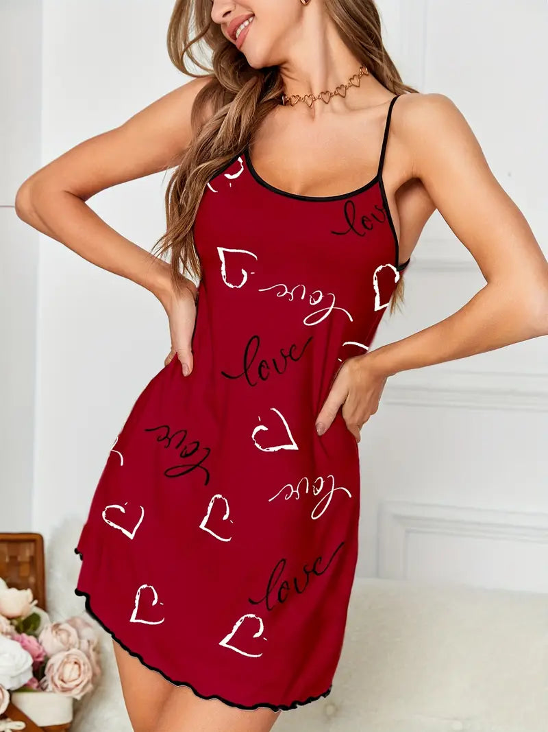 Casual Scoop Neck Heart & Letter Print Slip Nightdress