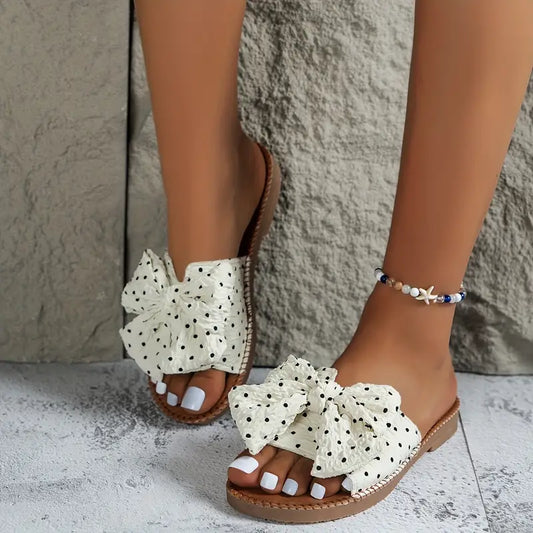 Fashionable Open Toe Non Slip Polka Dot Bow Flat Slide Sandals