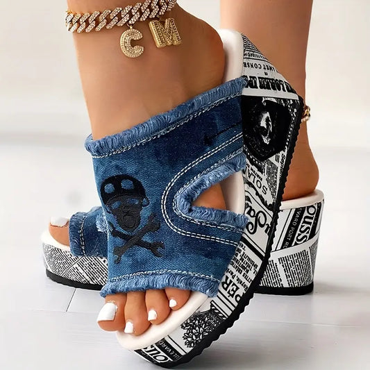 Slip-on Denim & Letter Design Open Toe Wedge Heel Shoes