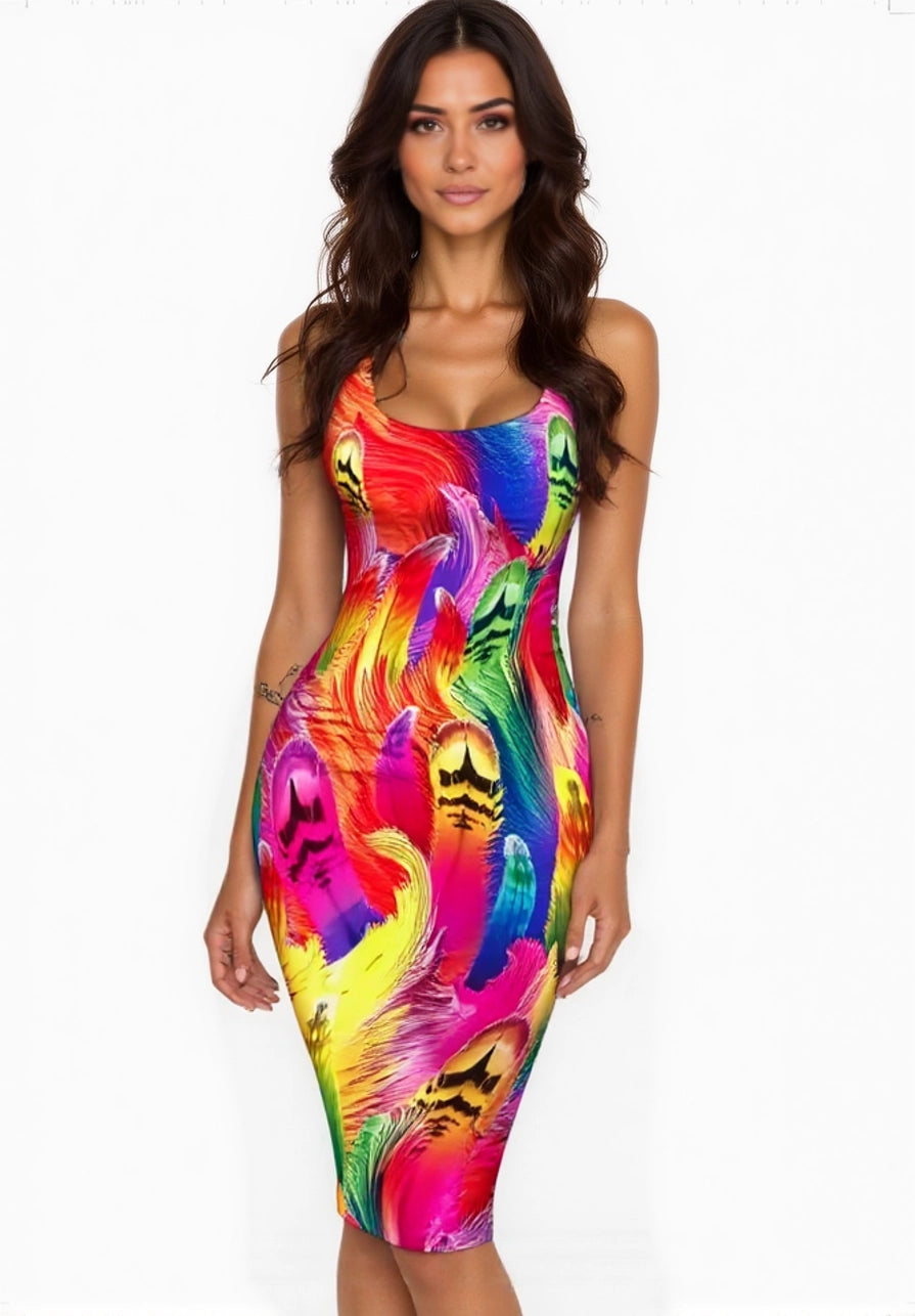 Woman wearing a colorful dress with abstract patterns on a white background