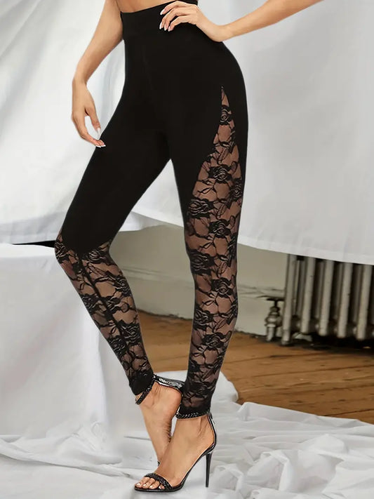 Sexy Skinny Long Length Contrast Lace High Waist Leggings