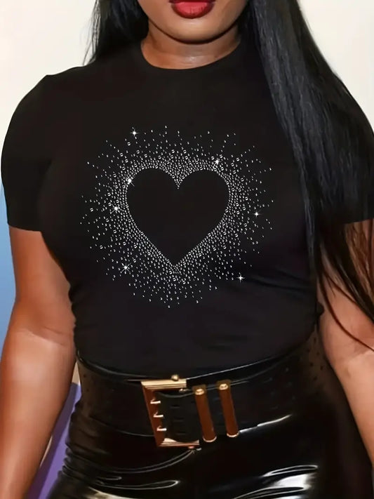 Heart Graphic Short Sleeve Crew Neck Rhinestone T-Shirt