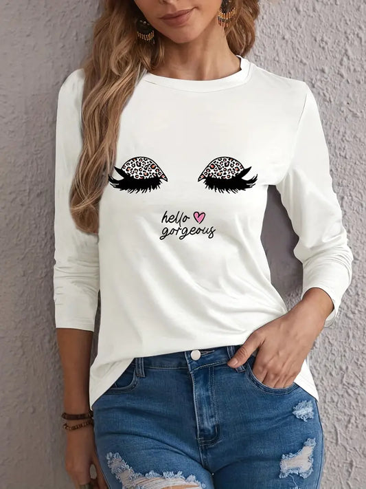 Casual Long Sleeve Eyelash & Letter Print Crew Neck T-Shirt