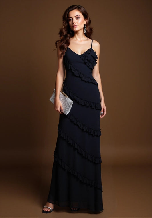 Woman wearing a black ruffled dress against a brown background