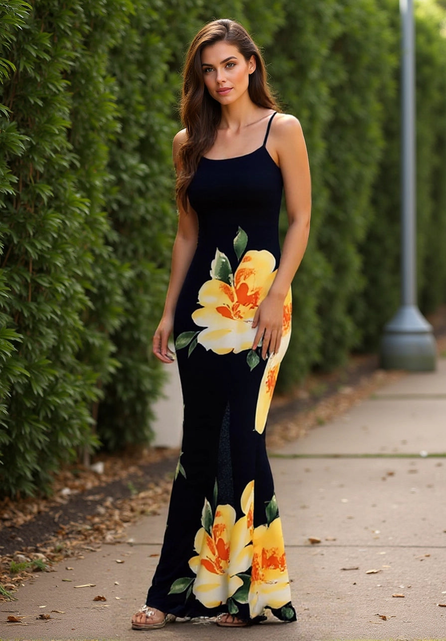 Woman wearing a black dress with large yellow floral patterns walking outdoors.