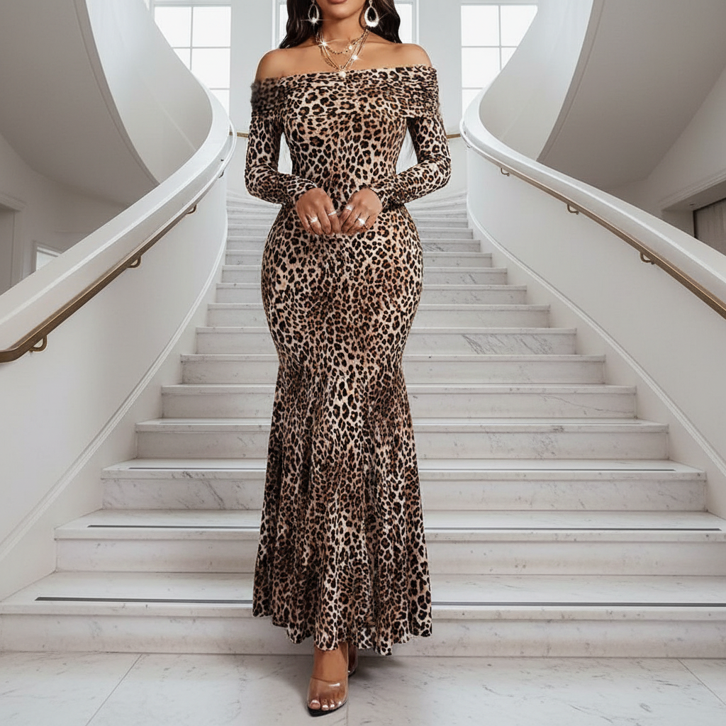 Woman in a leopard print dress standing on a staircase
