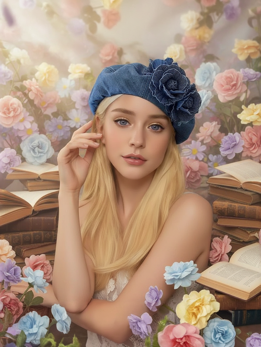 Woman wearing a blue beret with floral decorations, surrounded by books and flowers.