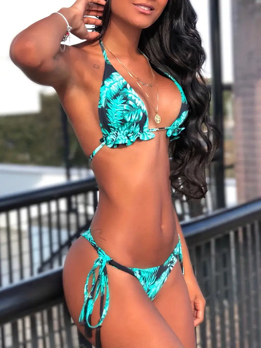 Tassel 2 Piece Set Green Leaf Print Lettuce Trim Bikini