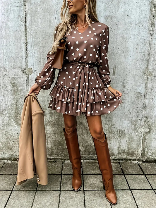 Polka Dot Print Dress with Layered Ruffle Hem and Lantern Sleeves