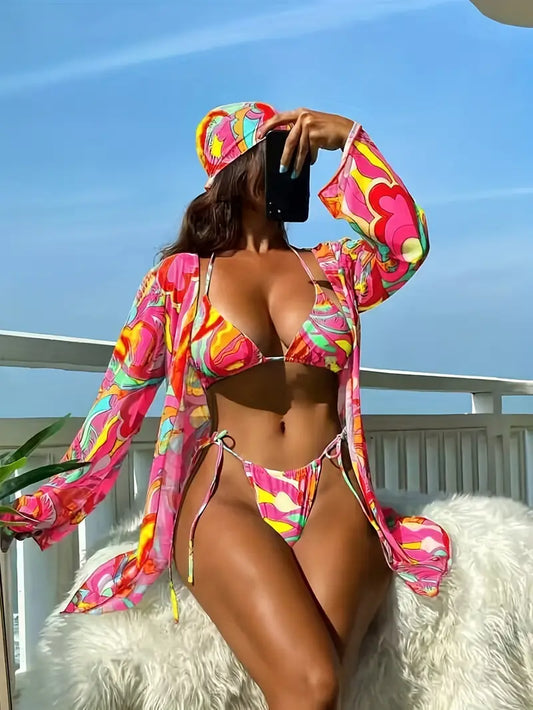 3 Piece Swimsuit With Headscarf, Tropical Print Spaghetti Strap Bikini