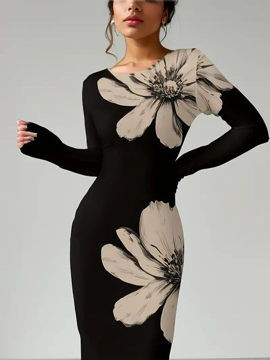 Women’s Elegant Floral Bodycon Midi Dress – Black with Beige Flowers, Long Sleeve Crew Neck