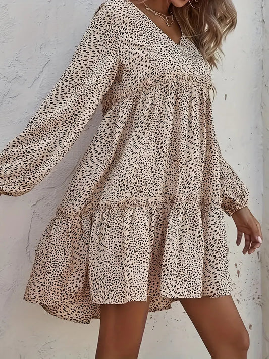 Casual Allover Print Lettuce Trim Long Sleeve Dress