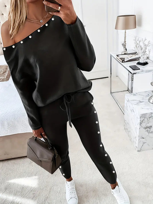 Long Sleeve Slanted Shoulder Solid Beaded Two-piece Set