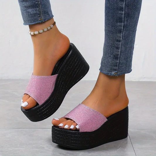 Fashion Open Toe Anti-skid Glitter Sequins Platform Wedge Heel Shoes